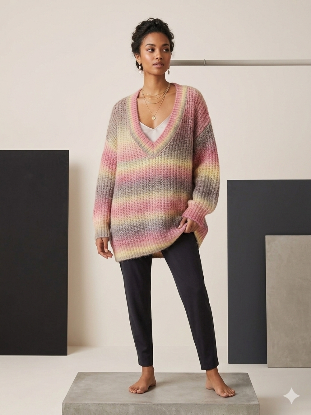 Oversized V-Neck Gradient Stripe Sweater - Pink Multi